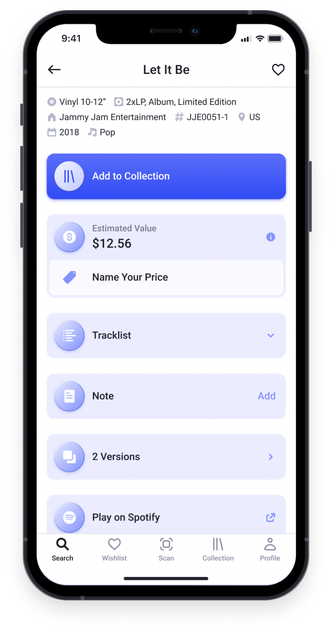 Screenshot of the Record Scanner app showing vinyl record price lookup